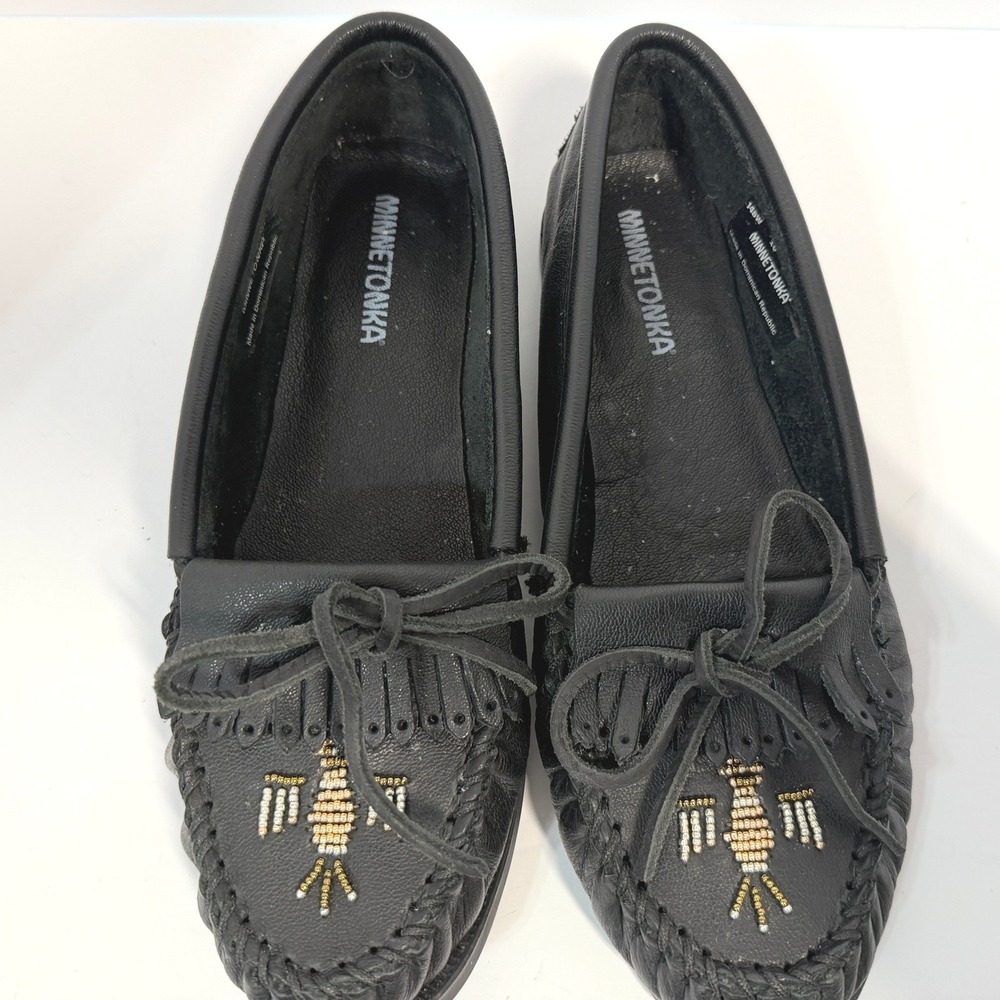 Minnetonka Thunderbird II Black Leather Beaded Moccasin Flats 146W Womens 10